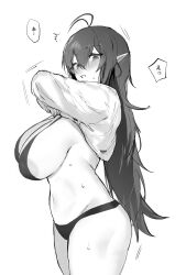 Rule 34 | 1girl, antenna hair, areola slip, arknights, bikini, blush, breasts, clothes lift, commentary, cowboy shot, dress, from side, gavial (arknights), greyscale, highres, large breasts, lifting own clothes, long hair, looking at viewer, looking to the side, monochrome, motion lines, navel, otsumami (02mami), parted lips, pointy ears, shirt lift, simple background, solo, speech bubble, swimsuit, translation request, undressing, very long hair, white background