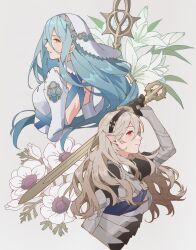 Rule 34 | 2girls, ai tkkm, armor, azura (fire emblem), blue hair, breasts, corrin (fire emblem), dress, elbow gloves, fingerless gloves, fire emblem, fire emblem fates, flower, gloves, hair between eyes, hairband, highres, holding, holding sword, holding weapon, long hair, looking at viewer, medium breasts, multiple girls, nintendo, pointy ears, red eyes, smile, sword, veil, very long hair, weapon, white hair, yato (fire emblem), yellow eyes