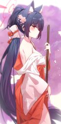 Rule 34 | 1girl, absurdres, animal ear fluff, animal ears, black hair, blue archive, blush, broom, cat ears, clothes lift, flower, from side, hair flower, hair ornament, hakama, hakama lift, halo, high ponytail, highres, holding, holding broom, japanese clothes, kimono, kimono pull, lifting own clothes, long hair, long sleeves, looking at viewer, looking to the side, miko, mr.zhuo, red eyes, red hakama, serika (blue archive), serika (new year) (blue archive), solo, very long hair, white kimono, wide sleeves
