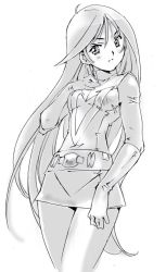 Rule 34 | 1girl, blush, choudenji robo combattler v, elbow gloves, gloves, greyscale, hand on own chest, long hair, looking at viewer, miniskirt, monochrome, moriguchi nao (naonao), nanbara chizuru, original, pilot suit, simple background, skin tight, skirt, smile, solo, white background