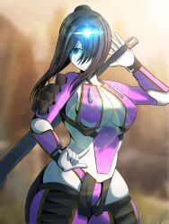 Rule 34 | 1girl, animification, black hair, blue eyes, boots, breasts, cleavage, floating hair, gauntlets, glowing, hair bun, hair intakes, highres, holding, holding sword, holding weapon, large breasts, lens flare, panties, personification, purple footwear, purple panties, revealing clothes, ronin (titanfall 2), single hair bun, solo, sword, thigh boots, titanfall (series), titanfall 2, underwear, weapon, whopper28