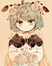 Rule 34 | 1girl, antennae, black cape, brown background, cape, fireflies, flower, green eyes, green hair, hair flower, hair ornament, holding, holding flower, light smile, lowres, mokumoku22, short hair, smile, solo, touhou, two-sided cape, two-sided fabric, upper body, wriggle nightbug