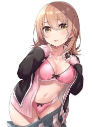 Rule 34 | 1girl, black jacket, blazer, blush, bow, bow bra, bow panties, bra, breasts, brown eyes, brown hair, cardigan, cleavage, closed mouth, clothes pull, collarbone, collared shirt, commentary request, hair between eyes, ichijou (kr neru0), isshiki iroha, jacket, leaning forward, long hair, long sleeves, looking at viewer, medium breasts, navel, open cardigan, open clothes, open jacket, open shirt, panties, pink bra, pink cardigan, pink panties, school uniform, shirt, simple background, skirt, skirt pull, sleeves past wrists, solo, tongue, tongue out, underwear, white background, white shirt, yahari ore no seishun lovecome wa machigatteiru.