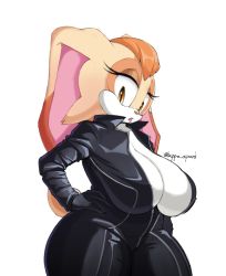 Rule 34 | 1girl, artist name, black bodysuit, black gloves, bodysuit, breasts, brown eyes, brown hair, cleavage, curvy, furry, gloves, hand on own hip, huge breasts, kappa spark, looking at viewer, mature female, motorcycle suit, plump, rabbit, rabbit ears, rabbit tail, solo, sonic (series), thick thighs, thighs, vanilla the rabbit, white background