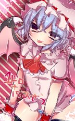 Rule 34 | 1girl, :p, ascot, bad id, bad pixiv id, bat wings, black legwear, blue hair, bow, hat, hat bow, heart, heart-shaped pupils, highres, matasabuyarou, panties, red eyes, remilia scarlet, solo, striped clothes, striped panties, symbol-shaped pupils, tongue, tongue out, touhou, underwear, wings