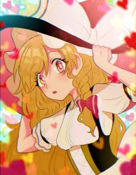 Rule 34 | 1girl, bad id, bad pixiv id, blonde hair, blush, bow, braid, hair bow, hat, hat bow, heart, highres, holding, holding clothes, holding hat, kirisame marisa, open mouth, puffy short sleeves, puffy sleeves, red bow, red eyes, ribbon, shirt, short sleeves, side braid, touhou, uchisaki himari, white bow, white ribbon, white shirt, witch hat