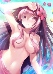 Rule 34 | 1girl, alternate costume, blush, breasts, fate/grand order, fate (series), floating, floating object, flower, hair censor, hair flower, hair intakes, hair ornament, hair over breasts, hibiscus, izumi akane, large breasts, long hair, looking at viewer, navel, parted lips, purple hair, purple sarong, red eyes, sarong, scathach (fate), scathach (fate/grand order), scathach (swimsuit assassin) (fate), solo, sparkle, topless, very long hair, water