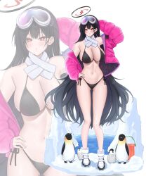 Rule 34 | 1girl, absurdres, arm behind head, arm up, bare shoulders, bikini, bird, black bikini, black hair, black halo, blue archive, blush, breasts, bright pupils, cleavage, commentary, double-parted bangs, eimi (blue archive), eimi (blue archive) cosplay, eimi (swimsuit) (blue archive), english commentary, goggles, goggles on head, hair between eyes, halo, hand on own hip, highres, jacket, large breasts, legs, long hair, looking at viewer, navel, off shoulder, open clothes, open jacket, penguin, pink jacket, pinku life, red eyes, red halo, rio (blue archive), scarf, side-tie bikini bottom, ski goggles, solo, standing, stomach, swimsuit, very long hair, white background, white footwear, white pupils, white scarf, zoom layer