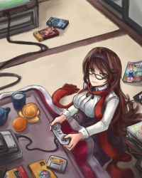Rule 34 | 1girl, arceonn, box, breasts, brown eyes, brown hair, cable, cartridge, controller, crt, cup, food, fruit, game console, game controller, gamepad, glasses, hairband, highres, kotatsu, large breasts, long hair, looking at viewer, magazine (object), mario (series), nintendo, orange (fruit), playing games, red scarf, scarf, sitting, super famicom, super famicom gamepad, super mario world, table, tatami, teacup, television
