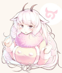Rule 34 | 10s, 1girl, :d, animal ears, blue eyes, blush, clenched hands, cropped torso, fur-trimmed sleeves, fur collar, fur trim, hands up, highres, horns, japari symbol, kanzakietc, kemono friends, long hair, looking at viewer, open mouth, sheep ears, simple background, smile, snow sheep (kemono friends), solo, upper body, white hair