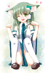 Rule 34 | 1girl, animal ears, arm garter, blue skirt, blush, brown footwear, detached sleeves, fang, frog hair ornament, full body, green eyes, green hair, hair ornament, hair tubes, head tilt, heart, kochiya sanae, long hair, looking at viewer, mary janes, matching hair/eyes, misoshiru (meridianchild312), no nose, nose blush, open mouth, paw pose, shoes, sidelocks, sitting, skirt, smile, snake hair ornament, solo, thighhighs, touhou, white thighhighs, wide sleeves