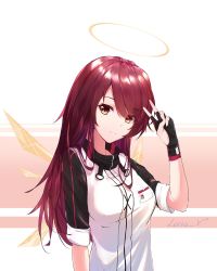 Rule 34 | 1girl, alternate hair length, alternate hairstyle, arknights, artist name, black gloves, breasts, chinese commentary, closed mouth, detached wings, exusiai (arknights), fingerless gloves, gloves, hair between eyes, halo, highres, leria v, light smile, long hair, looking at viewer, medium breasts, name tag, orange eyes, pink background, red hair, shirt, signature, simple background, smile, solo, turtleneck, two-tone background, upper body, v, white background, white shirt, wings