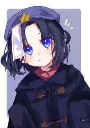 Rule 34 | 1girl, absurdres, aiko ichigocchi, blue eyes, blue hair, blue jacket, cabbie hat, closed mouth, commentary request, expressionless, hat, hat ornament, highres, jacket, jiangshi, light blush, looking at viewer, miyako yoshika, notice lines, ofuda, oversized clothes, parted bangs, purple hat, short hair, sleeves past fingers, sleeves past wrists, solo, star (symbol), star hat ornament, touhou, upper body