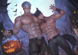 Rule 34 | 2boys, abs, animal ears, bat (animal), belt, black hair, black nails, candy, castle, denim, dog tags, food, halloween, hug, jeans, jewelry, large pectorals, leather, leather belt, looking at viewer, lying on person, male focus, moon, multiple boys, muscular, muscular male, nail polish, necklace, nickakito, night, night sky, nipples, one eye closed, original, outdoors, pants, pectorals, pumpkin, short hair, sky, smile, spiked hair, star (sky), starry sky, stomach tattoo, tattoo, thick arms, torn clothes, white hair, wristband