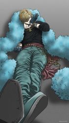 Rule 34 | 1boy, abs, black shirt, blonde hair, blue eyes, cigarette, crossed legs, denim, facial hair, feather boa, gloves, goatee, green pants, highres, holding, holding cigarette, jeans, male focus, official alternate costume, one piece, pants, pinattsu, sanji (one piece), shirt, short hair, smoking, solo, stomach, stubble, swept bangs