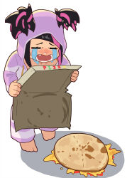Rule 34 | 1girl, black hair, blush, box, chibi, closed eyes, crying, dropped food, fang, food, han juri, highres, holding, holding box, hood, lineni, multicolored hair, official alternate costume, official alternate hairstyle, open mouth, pajamas, pink hair, pizza, pizza box, runny nose, short twintails, simple background, snot, solo, street fighter, street fighter 6, twintails, white background