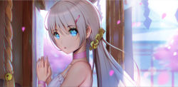 Rule 34 | 1girl, backlighting, bell, blue eyes, cherry blossoms, dress, from side, hair between eyes, hair ornament, hairclip, highres, long hair, looking at viewer, original, outdoors, parted lips, rope, shide, shrine, shrine bell, sidelocks, silver hair, solo, sundress, upper body, white dress, xiaosan ye