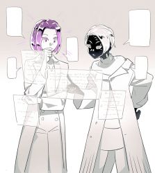 Rule 34 | 2others, :o, amethyst (houseki no kuni), black skin, blank speech bubble, bob cut, braid, cairngorm (houseki no kuni), closed mouth, coat, colored skin, cowboy shot, dress, floating screen, frown, gradient background, grey background, hand on own hip, hand up, houseki no kuni, long sleeves, looking away, multiple others, pants, pointing, purple eyes, purple hair, saiko67, short hair, speech bubble, sweater, sweater dress, thinking, turtleneck, white background, white coat, white dress, white pants, white skin, white sweater