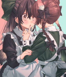Rule 34 | 2girls, alternate costume, alternate hair color, animal ear fluff, animal ears, apron, black bow, black dress, black hair, black wings, blush, bow, braid, brown eyes, brown hair, cat ears, cat tail, commentary request, cowboy shot, dress, enmaided, feathered wings, green background, green bow, green dress, hair between eyes, hair bow, highres, juliet sleeves, kaenbyou rin, long hair, long sleeves, looking at another, maid, maid apron, masanaga (tsukasa), multiple girls, multiple tails, nekomata, parted lips, pink background, puffy sleeves, reiuji utsuho, sidelocks, tail, touhou, twin braids, twintails, two-tone background, two tails, white apron, wings