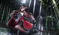 Rule 34 | 1girl, animal ears, bamboo, bamboo forest, bare legs, blue sky, blurry, cape, depth of field, dutch angle, floating hair, forest, fox ears, fox tail, gem, head tilt, highres, imaizumi kagerou, jewelry, light rays, long hair, looking at viewer, nature, red eyes, red skirt, reflection, red gemstone, ryosios, shirt, skirt, sky, solo, sunlight, tail, touhou, very long hair, wading, water, waterfall, white shirt, wolf ears, wolf tail