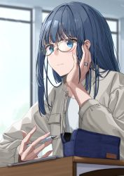 Rule 34 | 1girl, blue eyes, blue hair, blunt bangs, blush, buttons, closed mouth, desk, elbows on table, fingernails, glasses, grey jacket, hand on own cheek, hand on own face, highres, holding, holding pencil, indoors, jacket, jewelry, long fingernails, long hair, long sleeves, looking at another, magia record: mahou shoujo madoka magica gaiden, mahou shoujo madoka magica, mechanical pencil, nanami yachiyo, noeru, open clothes, open jacket, paper, pencil, pencil case, pocket, ring, shirt, solo, table, white shirt, window