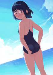 Rule 34 | 1girl, adjusting clothes, adjusting swimsuit, aragon honnin, bad id, bad tumblr id, black hair, black one-piece swimsuit, blue sky, blush, cloud, cloudy sky, competition school swimsuit, day, embarrassed, feet out of frame, from behind, from below, glasses, halftone, hand on own hip, horizon, looking at viewer, looking back, medium hair, one-piece swimsuit, open mouth, original, outdoors, outline, round eyewear, school swimsuit, sky, solo, sparkle, swimsuit, thighs, water