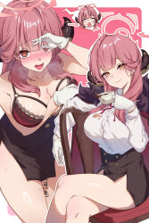 Rule 34 | 1girl, @ @, absurdres, aru (blue archive), black skirt, blue archive, blush, bra, breasts, cleavage, crossed legs, cup, embarrassed, gloves, halo, highres, horns, lace, lace-trimmed bra, lace trim, large breasts, miniskirt, multiple views, nolmo, pencil skirt, pink hair, red bra, shirt, shirt tucked in, sitting, skirt, spilling, spoken expression, stain, sweat, teacup, underwear, white gloves, white shirt, yellow eyes