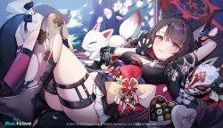 Rule 34 | 1girl, animal ear fluff, animal ears, asymmetrical legwear, black gloves, black hair, black nails, black serafuku, blue archive, blue bow, blush, bow, box, breasts, cherry blossoms, chocolate, claw pose, cleavage, commentary, company name, copyright name, crossed legs, english commentary, english text, fingerless gloves, foot out of frame, fox, fox ears, fox girl, fox hair ornament, fox mask, fox tail, garter straps, gloves, grass, hair bow, halo, heart-shaped box, indoors, jehyun, large breasts, long hair, looking at viewer, lying, mask, mismatched legwear, nail polish, official art, on back, open mouth, school uniform, serafuku, shouji, sidelocks, skirt, sliding doors, slit pupils, solo, tail, thigh strap, torn clothes, torn legwear, tree, valentine, very long hair, wakamo (blue archive), white skirt, wooden floor, yellow eyes