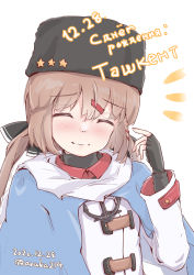 Rule 34 | 1girl, anchor necklace, aruka, black bow, black gloves, black hat, blue shawl, blush, bow, brown hair, closed eyes, fingerless gloves, fur hat, gloves, hair bow, hat, highres, jacket, jewelry, kantai collection, long hair, low twintails, necklace, papakha, ribbon trim, russian text, scarf, shawl, simple background, solo, star (symbol), tashkent (kancolle), torn clothes, torn scarf, translated, twintails, upper body, white background, white jacket, white scarf