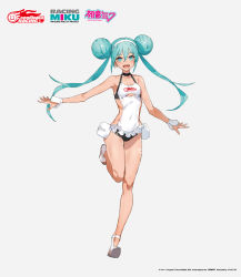 Rule 34 | 1girl, :d, aqua eyes, aqua hair, bare shoulders, black choker, body writing, breasts, character name, choker, cleavage, clothes writing, collarbone, company name, double bun, frilled leotard, frills, full body, gluteal fold, goodsmile racing, hair bun, hairband, hatsune miku, highres, leotard, long hair, looking at viewer, neco, official art, open mouth, outstretched arm, racing miku, racing miku (2022), running, sideless outfit, small breasts, smile, solo, thigh gap, toeless footwear, vocaloid, white footwear, white hairband, white leotard, wrist cuffs