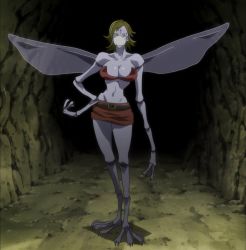 Rule 34 | 1girl, breasts, chimera ant, cleavage, colored skin, highres, hunter x hunter, large breasts, mask, monster girl, mosquito (hunter x hunter), mouth mask, purple skin, screencap, solo, standing, stitched, surgical mask, third-party edit