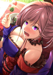 Rule 34 | 1girl, bad id, bad pixiv id, bare shoulders, blush, breasts, brown hair, cleavage, cross, cross earrings, earrings, fate/grand order, fate (series), food, highres, jewelry, kanzaki kureha, large breasts, looking at viewer, miyamoto musashi (fate), miyamoto musashi (third ascension) (fate), open mouth, pink eyes, short hair, smile, solo, takoyaki