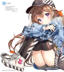 Rule 34 | 1girl, baseball cap, black hat, black thighhighs, blue jacket, blush, braid, brown hair, closed mouth, commentary request, diagonal stripes, english text, fashion, grey shorts, hair between eyes, hat, highres, hugging own legs, jacket, knees up, long hair, long sleeves, looking at viewer, original, puffy long sleeves, puffy sleeves, purple eyes, shimesaba kohada, shoes, short shorts, shorts, simple background, sitting, smile, sneakers, solo, streetwear, striped clothes, striped headwear, thighhighs, very long hair, white background, white footwear