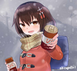 Rule 34 | 10s, 1girl, artist name, bag, blush, breath, brown eyes, brown hair, can, canned coffee, casual, drink can, giving, hair ornament, kantai collection, okitsugu, open mouth, plaid, plaid scarf, pov, scarf, sendai (kancolle), sendai kai ni (kancolle), snowing, solo, two side up, winter clothes