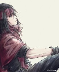 Rule 34 | 1boy, black hair, cloak, final fantasy, final fantasy vii, gloves, headband, highres, long hair, looking up, messy hair, red eyes, sleeves rolled up, square enix, vincent valentine, warori anne, white background