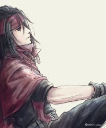 1boy black_hair cloak final_fantasy final_fantasy_vii gloves headband highres long_hair looking_up messy_hair red_eyes sleeves_rolled_up square_enix vincent_valentine warori_anne white_background