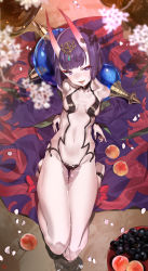 Rule 34 | 1girl, :d, absurdres, alcohol, arm support, arms behind back, artist name, bare legs, bare shoulders, barefoot, blurry, blush, bowl, branch, breasts, cherry blossoms, collarbone, depth of field, dripping, eyebrows, fangs, fate/grand order, fate (series), flower, food, from above, fruit, full body, gourd, hair ornament, head tilt, highres, horns, japanese clothes, jewelry, kimono, leaning back, looking at viewer, looking up, navel, no shoes, off shoulder, on floor, oni, open clothes, open kimono, open mouth, peach, petals, plum, print kimono, puddle, purple eyes, purple hair, revealing clothes, sake, seiza, short eyebrows, short hair, shuten douji (fate), shuten douji (first ascension) (fate), sideboob, sitting, skin-covered horns, small breasts, smile, solo, spikes, stomach, thigh gap, thighs, wakamezake, yd (orange maru)
