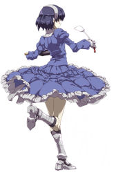 Rule 34 | 1girl, aiko (renkin san-kyuu magical pokaan), armor, armored boots, back, blue eyes, blue hair, blue shirt, blue skirt, blush, boots, dress, frilled skirt, frills, from behind, frying pan, full body, gauntlets, glasses, hairband, holding, juliet sleeves, long sleeves, matching hair/eyes, outstretched arms, pointy ears, puffy sleeves, renkin san-kyuu magical pokaan, shirt, short hair, simple background, skirt, solo, spatula, standing, standing on one leg, tokyo (great akuta), white background