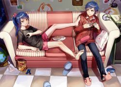 Rule 34 | 1boy, 1girl, animal slippers, bad id, bad pixiv id, bag, bare shoulders, barefoot, blue hair, brother and sister, bunny slippers, cable, cd, checkered floor, clock, closed mouth, controller, couch, drawstring, feet, food, from above, frown, game console, globe, grandfather clock, hair ornament, highres, holding, hood, hood down, hoodie, indoors, kim eb, lamp, leaning back, long hair, long sleeves, looking at viewer, off shoulder, original, pants, photo (object), pink shorts, plate, playing games, ponytail, ribbon, set square, shadow, shirt, short sleeves, shorts, siblings, sitting, slippers, unworn slippers, smile, speaker, squiggle, sweatdrop, swept bangs, t-shirt, wall, yellow eyes