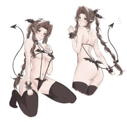 Rule 34 | 1girl, aerith gainsborough, alternate costume, ass, backless outfit, bare shoulders, bat hair ornament, bat wings, black bow, black choker, black thighhighs, bow, braid, braided ponytail, breasts, brown hair, choker, cleavage, cowboy shot, demon tail, final fantasy, final fantasy vii, final fantasy vii remake, full body, green eyes, hair bow, hair ornament, halloween, halloween dare succubus lingerie, hand on own chest, highres, kivavis, kneeling, light blush, long hair, looking at viewer, looking back, medium breasts, multiple views, navel, no shoes, parted bangs, parted lips, pointy ears, revealing clothes, sidelocks, tail, thighhighs, underboob, wavy hair, white background, wings, wrist cuffs