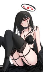Rule 34 | 1girl, absurdres, alternate costume, black hair, blue archive, blush, bra, breasts, choker, commentary, earrings, english commentary, feint721, hair down, hair ornament, hairclip, halo, high heels, highres, jewelry, lace, lace-trimmed bra, lace trim, large breasts, long hair, looking at viewer, panties, parted lips, patent heels, pumps, red eyes, rio (blue archive), shoes, solo, stiletto heels, straight hair, thighhighs, thighs, underwear, very long hair, white background