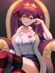 Rule 34 | 1girl, absurdres, black skirt, blush, breasts, coat, crossed legs, fur-trimmed coat, fur trim, hair between eyes, hair ribbon, heterochromia, highres, hololive, houshou marine, huge filesize, i heart..., large breasts, looking at viewer, medium hair, on chair, parted lips, red coat, red eyes, red hair, red ribbon, ribbon, shirt, sitting, skindentation, skirt, sleeves rolled up, solo, t-shirt, thighhighs, throne, twintails, usagi (us4g1desu), virtual youtuber, white shirt, yellow eyes
