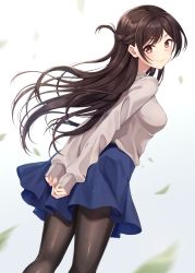 Rule 34 | 1girl, absurdres, arms behind back, black pantyhose, blue skirt, blush, braid, breasts, brown eyes, brown hair, closed mouth, commentary request, dutch angle, feet out of frame, from behind, gradient background, grey background, grey sweater, highres, kanojo okarishimasu, kurousagi yuu, long hair, long sleeves, looking at viewer, looking back, medium breasts, miniskirt, mizuhara chizuru, own hands together, pantyhose, skirt, sleeves past wrists, smile, solo, standing, sweater, swept bangs, very long hair