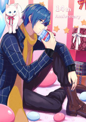 Rule 34 | 1boy, akiyoshi (tama-pete), animal, animal on shoulder, anniversary, blue eyes, blue hair, blue nails, blue shirt, boots, bow, bowtie, box, cat, cat on shoulder, commentary, egg, from side, gift, gift box, holding, holding box, holding gift, jewelry, kaito (vocaloid), knee up, looking at viewer, male focus, nail polish, plaid, plaid shirt, ring, scarf, shirt, sideways glance, sitting, solo, star (symbol), vocaloid, yellow scarf