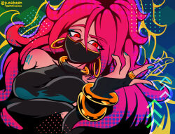 Rule 34 | 1girl, alternate costume, android 21, aqua nails, bracelet, breast hold, breasts, bridal gauntlets, commentary, commission, dragon ball, dragon ball fighterz, earrings, hair between eyes, halterneck, highres, hoop earrings, jewelry, large breasts, long hair, mask, mouth mask, neck ring, pea-bean, polka dot, raised eyebrow, red eyes, red hair, shoulder tattoo, solo, tattoo, twitter username, upper body