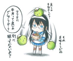 Rule 34 | 10s, 1girl, :&lt;, admiral (kancolle), black hair, blue eyes, bowl, chibi, colored pencil (medium), dainamitee, drooling, glasses, hairband, holding, holding bowl, kantai collection, long hair, long sleeves, motion lines, non-human admiral (kancolle), ooyodo (kancolle), pleated skirt, school uniform, serafuku, sideways hat, skirt, standing, sweatdrop, thought bubble, traditional media, triangle mouth, white hairband