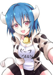 Rule 34 | 1girl, absurdres, animal print, bell, black skirt, blue hair, blush, breasts, brown eyes, cleavage, cow girl, cow horns, cow print, cow tail, cowbell, fang, highres, horns, jacket, jashin-chan dropkick, large breasts, looking at viewer, minos (jashin-chan dropkick), neck bell, open mouth, print jacket, shirt, short hair, simple background, skirt, smile, solo, tail, track jacket, white background, white shirt, yuuki shushu