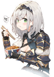 Rule 34 | !?, 1girl, absurdres, armor, belt, belt buckle, black gloves, blush, bowl, bracer, breasts, brown belt, buckle, chopsticks, cleavage, closed mouth, collar, collared shirt, commentary request, eating, fingerless gloves, food, gloves, green eyes, gyuudon, hair between eyes, highres, holding, holding bowl, holding chopsticks, holding food, hololive, joker (tomakin524), large breasts, long sleeves, looking at viewer, shirogane noel, shirogane noel (1st costume), shirt, short hair, shoulder armor, sidelocks, silver hair, simple background, solo, strap, virtual youtuber, white background