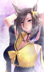 Rule 34 | 1girl, air groove (umamusume), anetani kiki, animal ears, armpits, arms behind head, arms up, black hair, blue eyes, blurry, blurry background, bow, breasts, eyeliner, highres, horse ears, large breasts, makeup, messy hair, nervous sweating, open mouth, paid reward available, parted lips, purple background, racing suit, red eyeliner, steam, sweat, umamusume, very sweaty