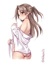 Rule 34 | 1girl, alternate costume, ass, blouse, breasts, brown eyes, cowboy shot, cropped legs, ebifurya, from side, high ponytail, highres, kantai collection, light brown hair, long hair, panties, parted bangs, pink panties, see-through, shirt, simple background, single bare shoulder, small breasts, solo, stomach, twitter username, underwear, white background, white shirt, zuihou (kancolle)